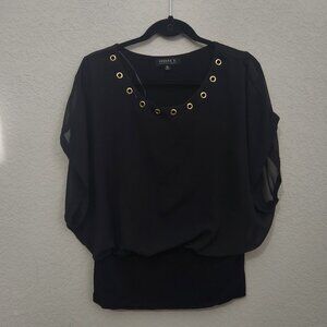 Joseph A. Blouse Women Size XL Black Sheer Gold Grommet Stretch Waistband